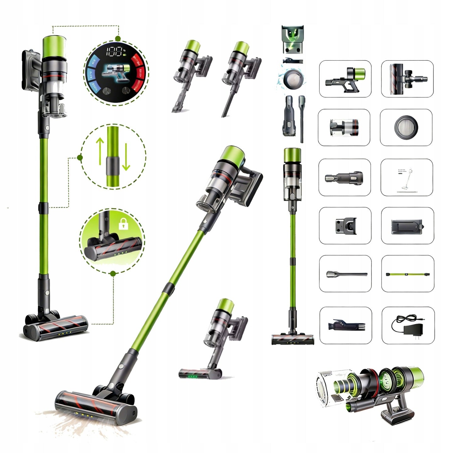Odkurzacz pionowy bezprzewodowy 2026 SmartAi V6 Green 650W 24Ah 65KPa 80Min